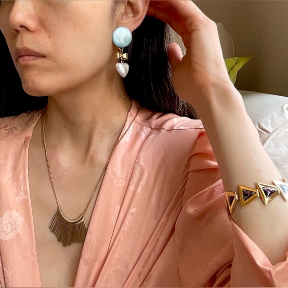 Redesigned blue opalescent clip on earrings with bow and faux pearl heart dangle - Picture 1 of 13